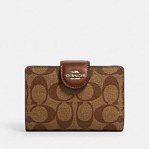 Coach Medium Corner Zip Wallet In Signature Canvas Khaki Saddle 2